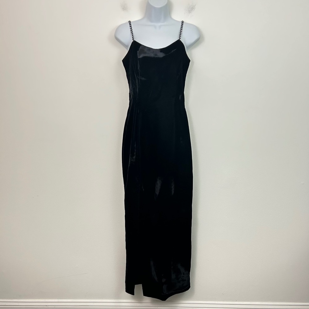 VTG Jessica McClintock Gunne Sax Black Velvet Rhinestone Strap Maxi Dress‎ 7/8